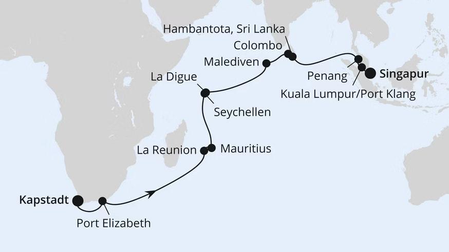 Von Kapstadt über Mauritius nach Singapur
